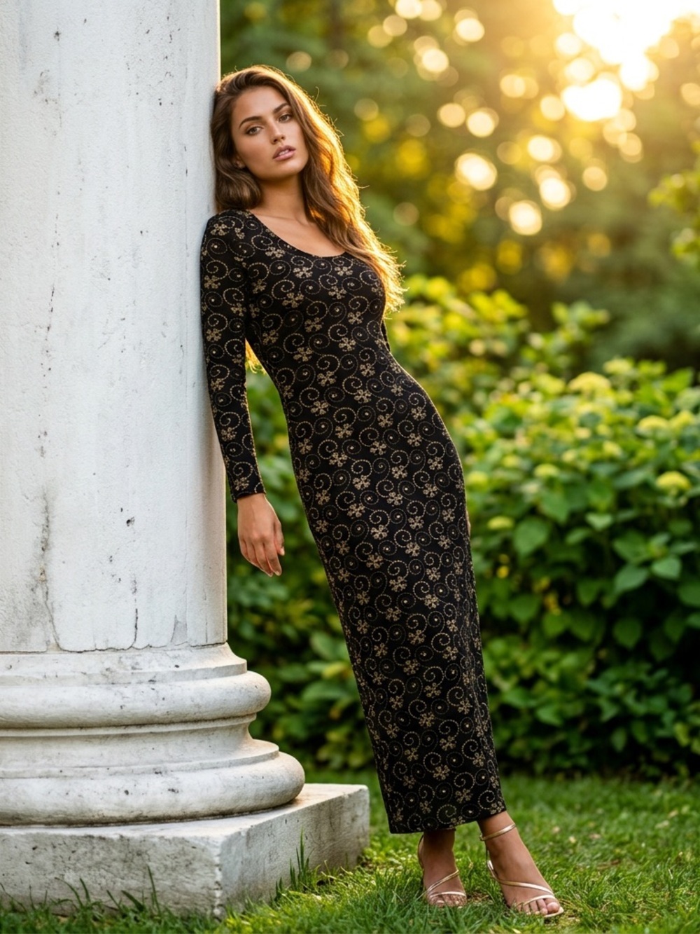 Vintage 90s Beechers Brook Black & Gold Floral Dress Made in Canada Size Medium - Picture 2 of 4